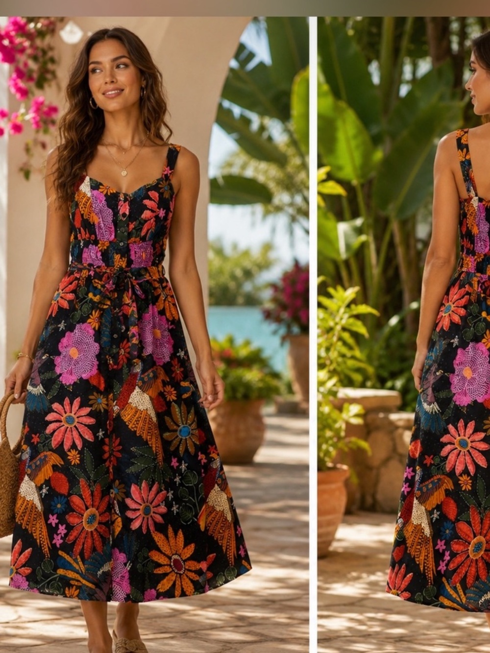 Button-Front Floral Midi Dress in Black with Multicolor Blooms